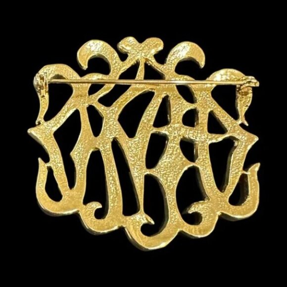 Gold Tone Brooch Signed MJENT Intricate Design Vintage Collectible Jewelry - Picture 2 of 4